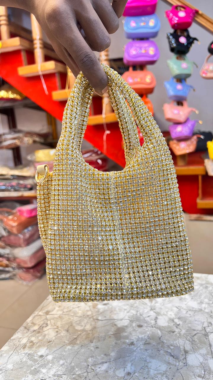 Women’s Golden Rhinestone Party Wear Handbag | Designer Wedding Tote Purse | Evening Shoulder Bag