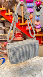 Luxury Silver Rhinestone Crystal Shoulder Bag – Designer Party Wear Handbag