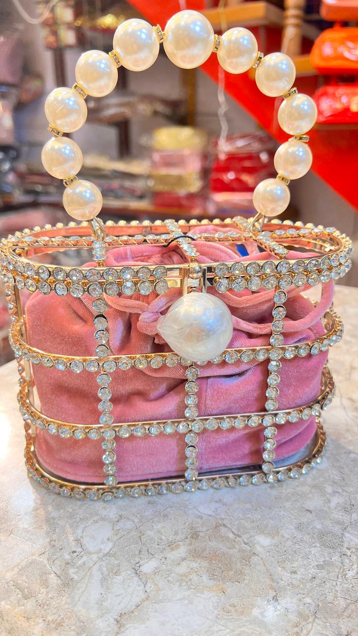 Pink Pearl Handle Potli Bag for Women | Designer Stone Work Clutch Handbag