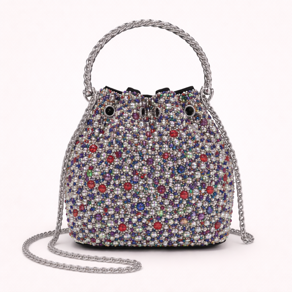 Luxury Multicolor Crystal Bucket Bag with Metal Ring Handle