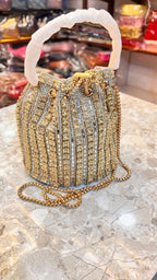 Luxury Gold Rhinestone Potli Bucket Bag with Handle and Chain