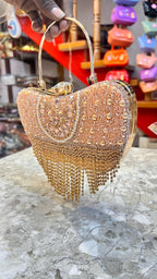 Women’s Peach Crystal Fringe Heart Shape Clutch Purse | Designer Party Wear Wedding Handbag | Bridal Evening Bag