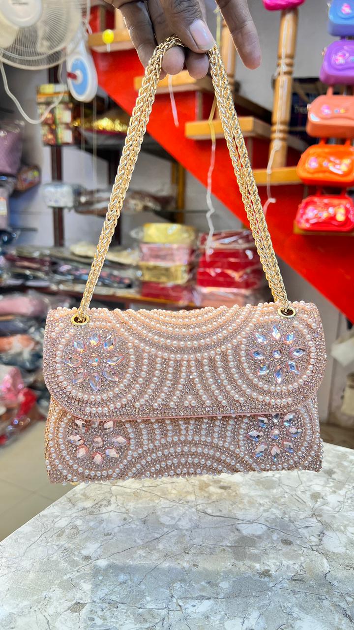 Luxury peach clutch bag with crystal design party wear handbag