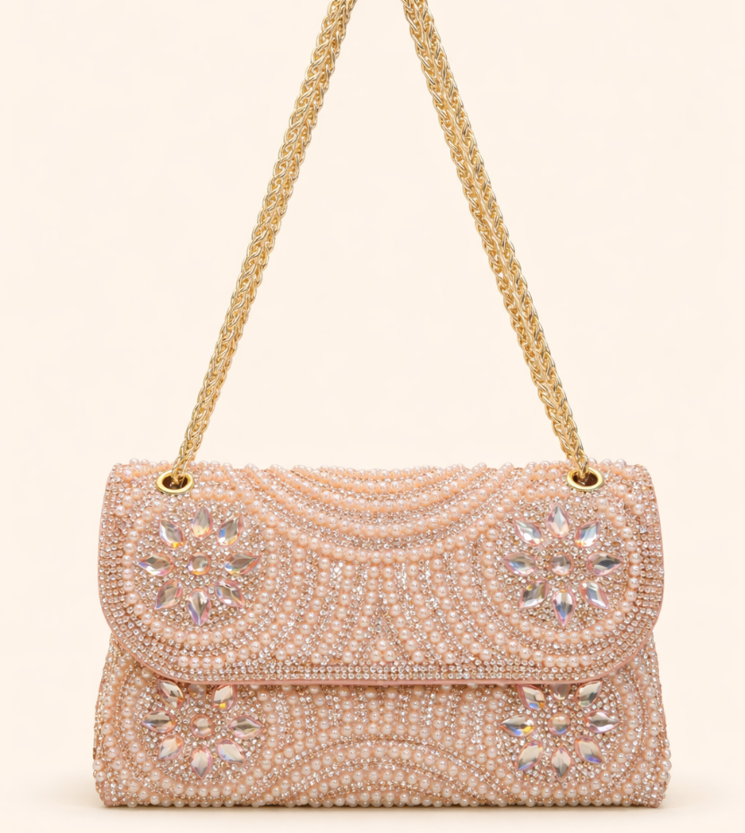 Peach crystal embellished bridal clutch bag for women