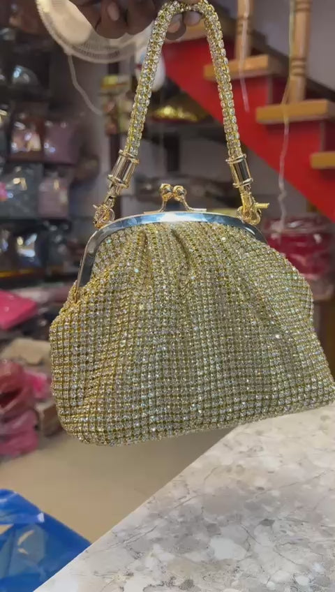 Women’s Golden Rhinestone Party Wear Clutch Purse | Designer Wedding Evening Handbag with Handle