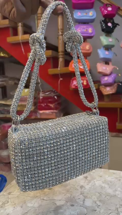 Luxury Silver Rhinestone Crystal Shoulder Bag – Designer Party Wear Handbag