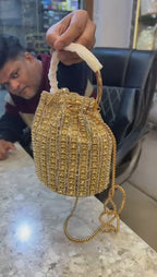 Luxury Gold Rhinestone Potli Bucket Bag with Handle and Chain