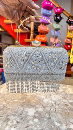 silver crystal fringe clutch bag for women